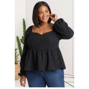 AVA & VIV Sweetheart Neckline Peplum baby Doll Balloon Sleeve Top